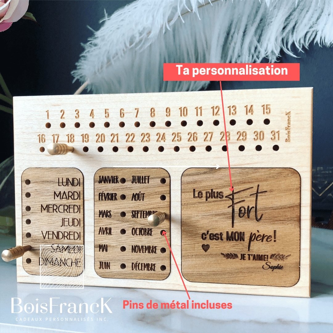 Emplacement de la personnalisation désirée sur le recto du calendrier perpétuel en bois- BoisFrancK