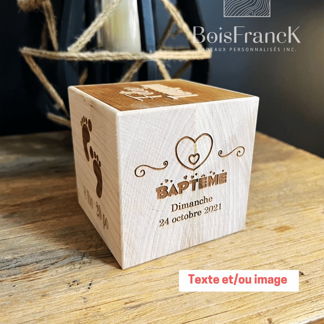 Cube en bois de naissance avec texte et image de baptême-BoisFrancK