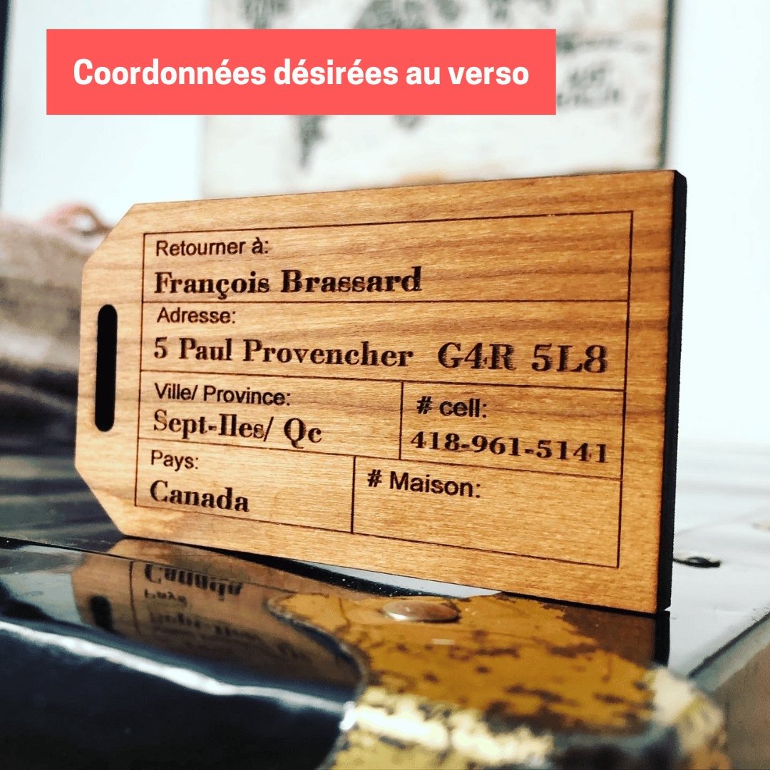 Recto de l'etiquette a bagage en bois personnalisee-coordonnees-BoisFrancK