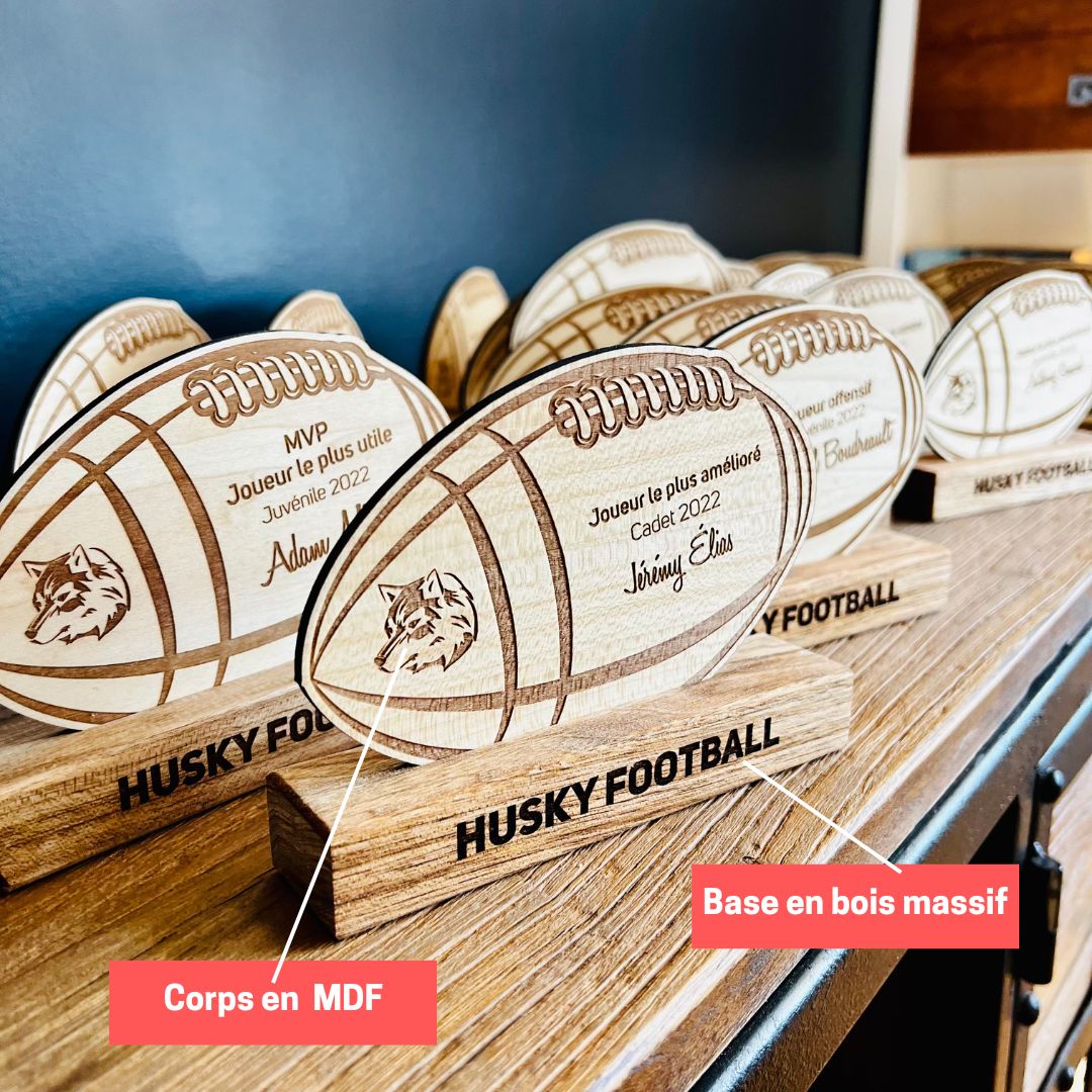Trophées en bois et mdf personnalisés pour ligue de football les husky-forme de ballon et texte gravé-BoiSFrancK