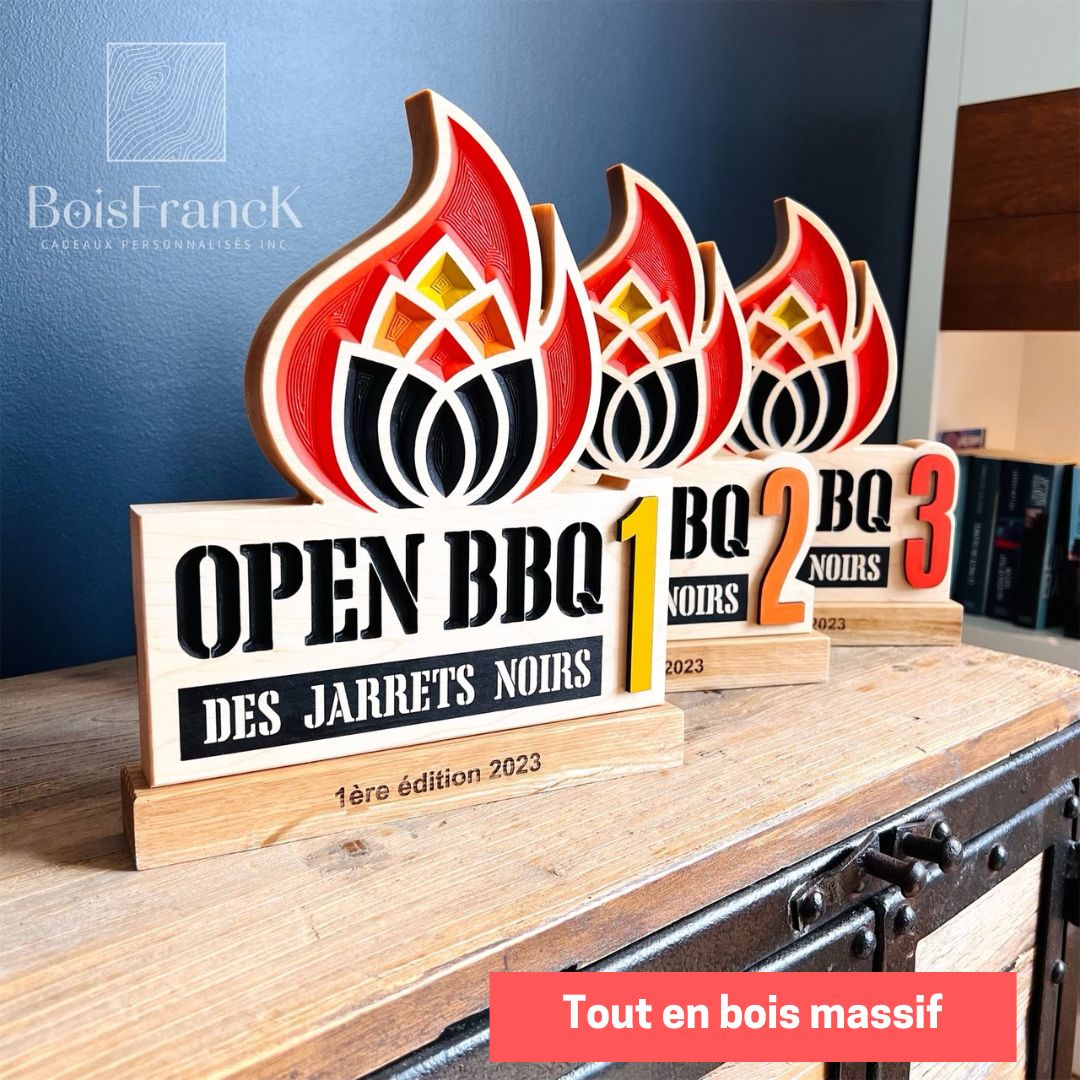 Trophées sur mesure pour festival de BBQ- Open BBQ les Jarrets Noirs 2023-représentation de leur logo flammes en couleur-BF